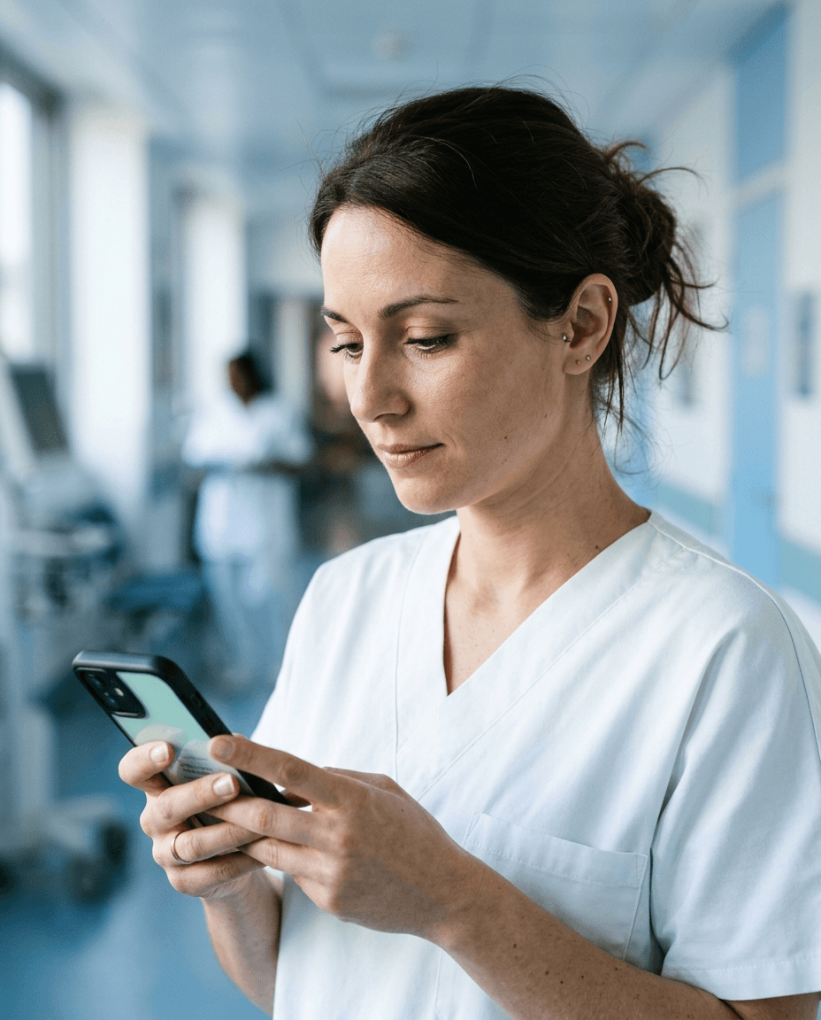 Infirmière diplômée d'État utilisant un smartphone pour orienter un patient
